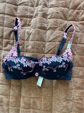 Victoria's Secret Navy Bra with Pink Floral Embroidery